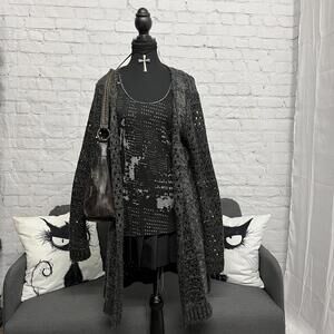 Dulcinea grey crochet knit open cardigan long Large grunge indie